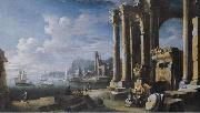 A capriccio of architectural ruins with a seascape beyond Leonardo Coccorante